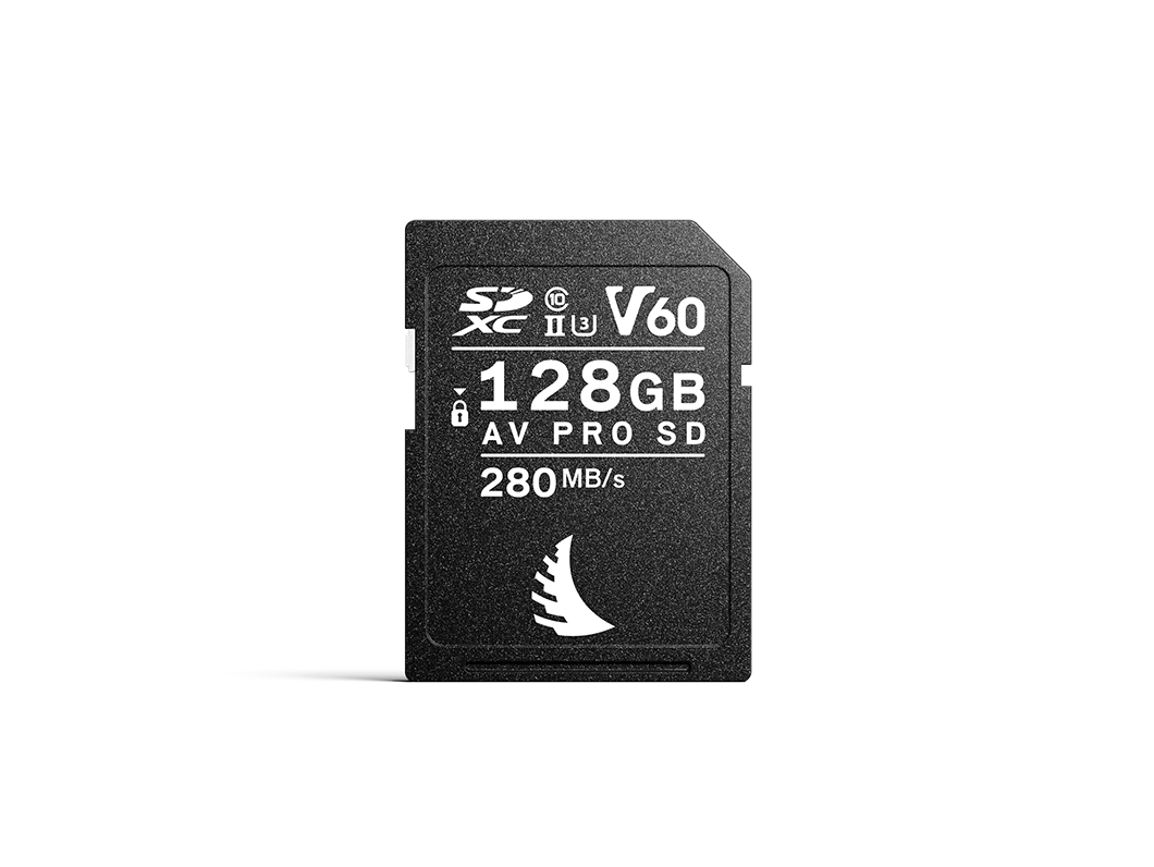 AV PRO SD V60 memory card with 128 GB capacity displayed on a neutral background.
