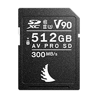 AV PRO SD V90 memory card with 512 GB capacity displayed on a neutral background.