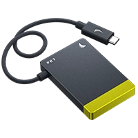 CFexpress B Card Reader PKT wit grey body and yellow cap with USB 3.2 Cable displayed on a neutral background