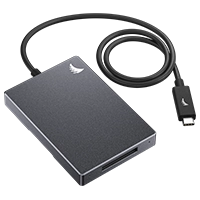 CFexpress B Card reader with grey body and USB 3.2 Cable displayed on a neutral background