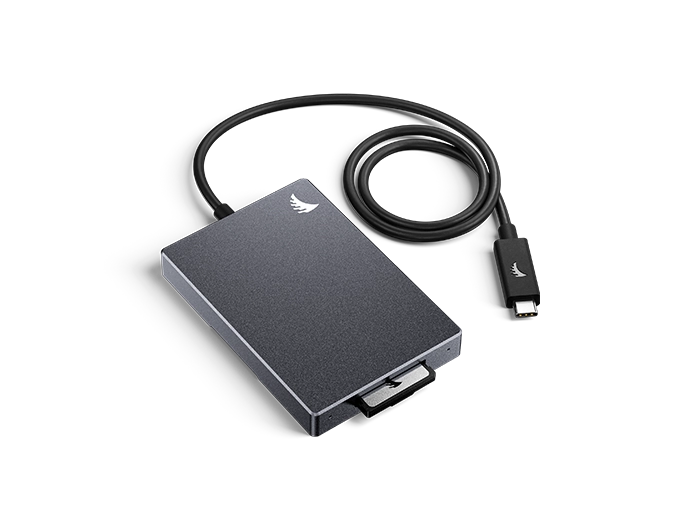 CFexpress B Card reader with grey body and USB 3.2 Cable displayed on a neutral background
