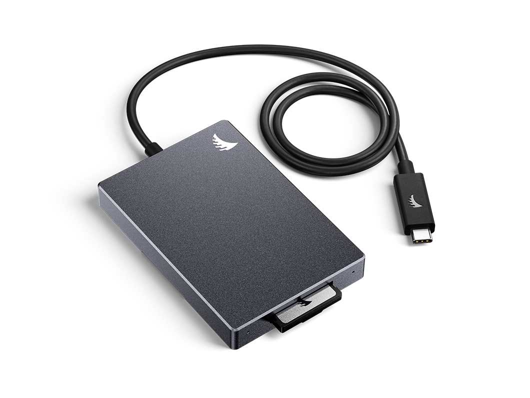 CFexpress B Card reader with grey body and USB 3.2 Cable displayed without background
