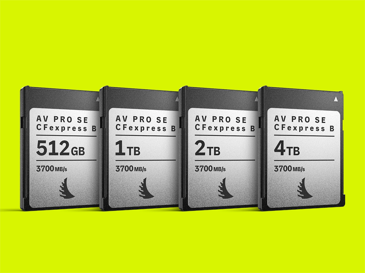 4 AV PRO SE CFexpress B v4 memory cards in capacities of 512 GB 1 TB 2 TB and 4 TB displayed on a yellow background