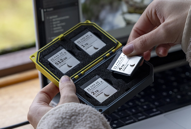 AV PRO SE CFexpress B v4 memory card being inserted on a CFexpress B Media Tamk