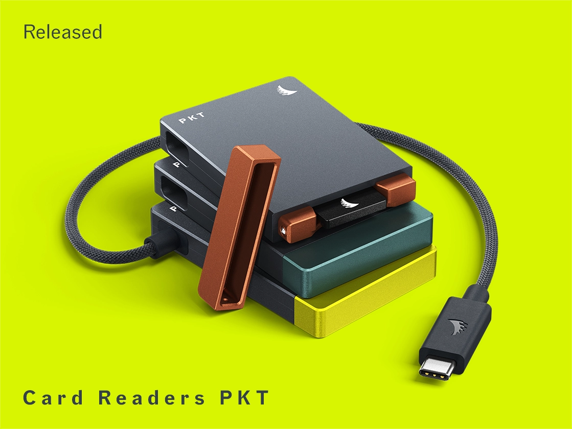 CFexpress A, CFexpress B and SD card readers PKT stacked over each other displayed on a yellow background