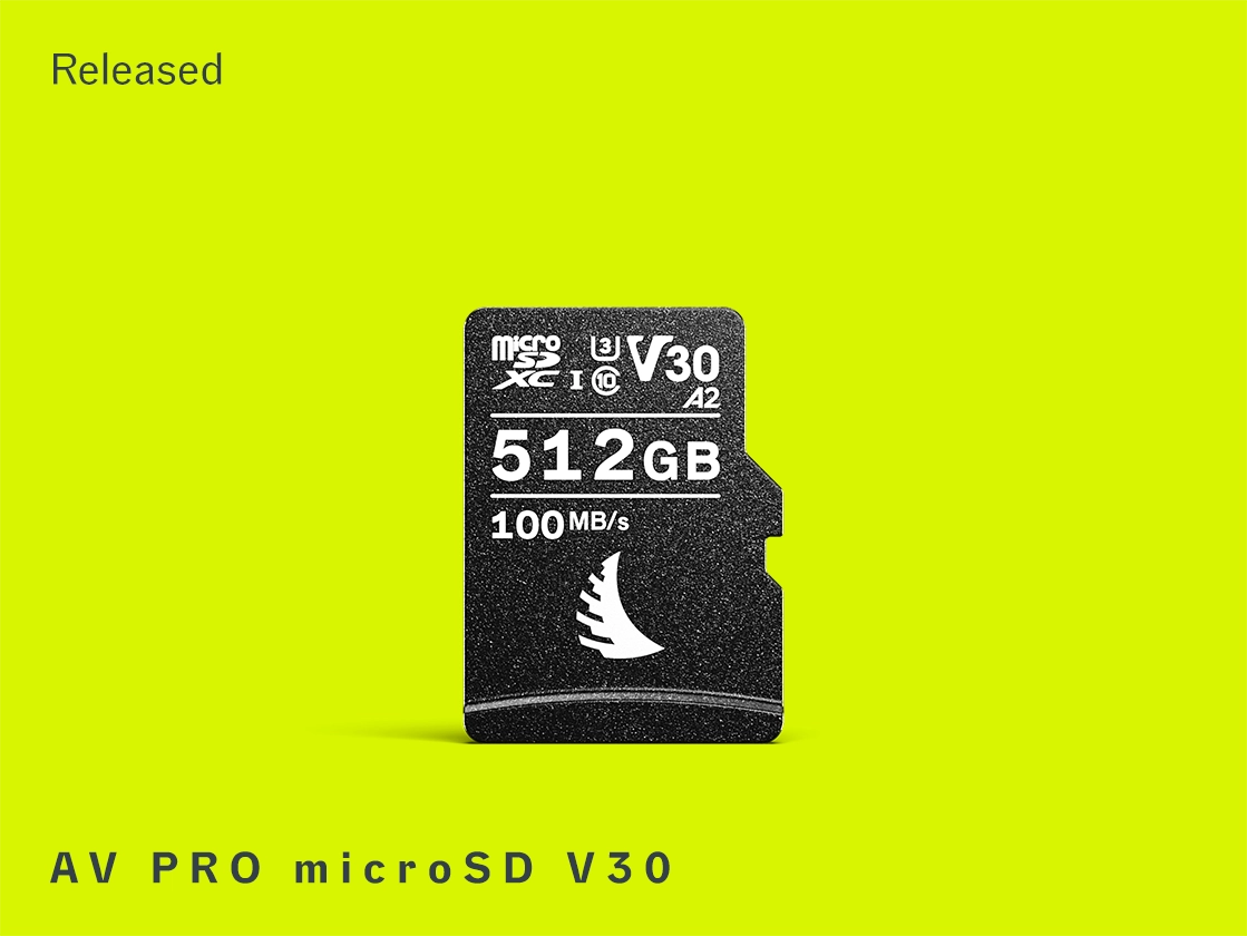 AV PRO microSD V30 memory card with 512 GB capacity displayed on a yellow background